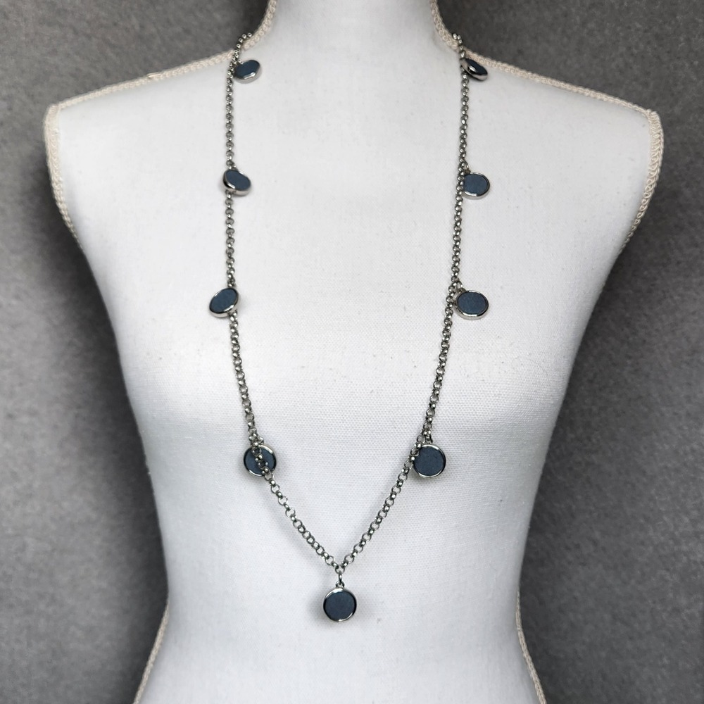 NWT Chico's Delanie Necklace Long Silver Chain + Double Sided Blue Circle Charms